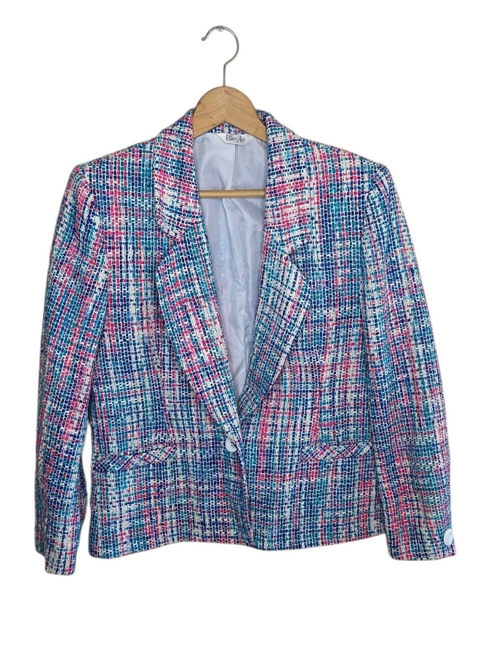 90s Vintage Bleyle Pink Blue Cream Boucle Tweed Single Button Silk Blazer Size 8